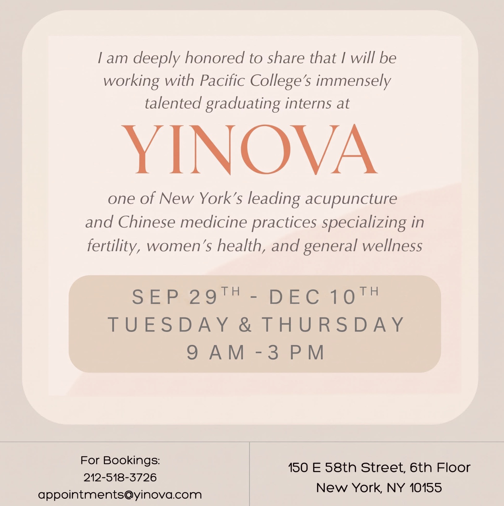 Yinova announcement: Laurel will be working with Pacific College's graduating interns at Yinova, September 29 through December 10, Tuesdays and Thursdays 9am to 3pm. For bookings call 212-518-3726 or email appointments@yinova.com. 150 E 58th Street, 6th Floor, New York, NY 10155.